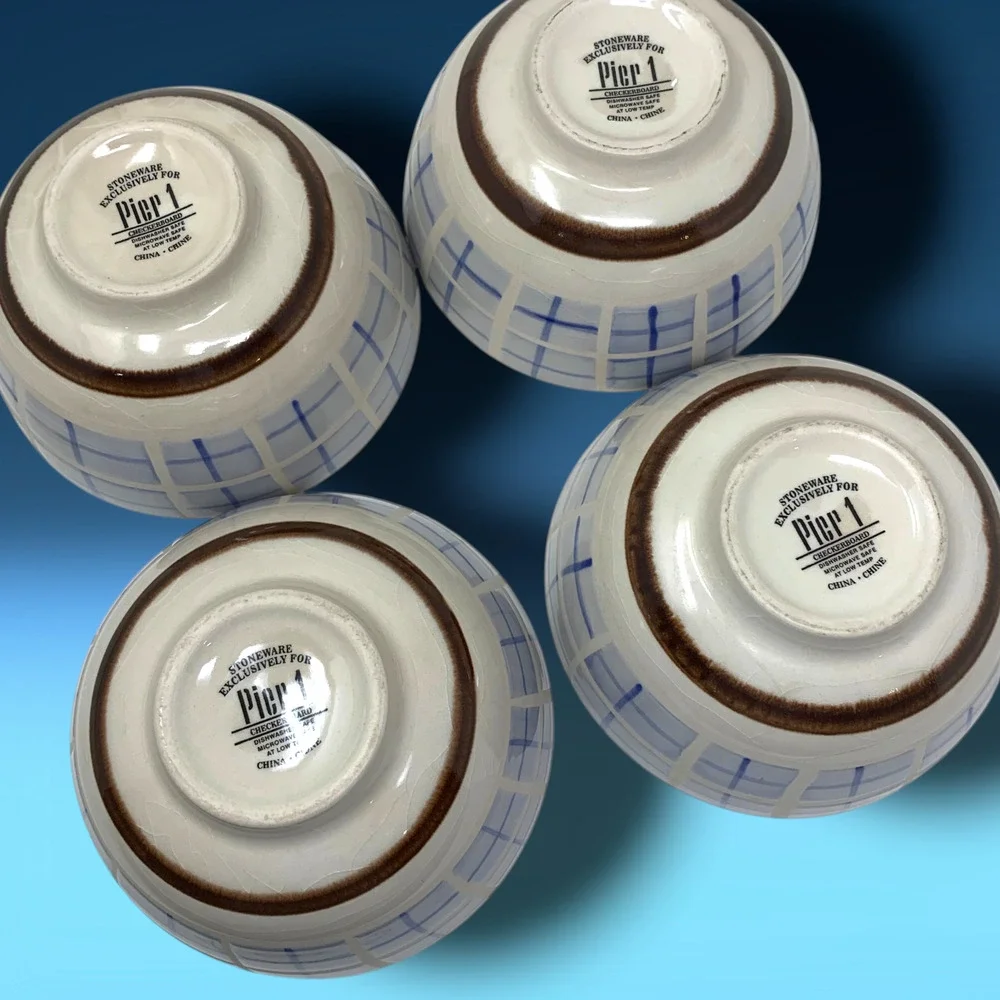 Vintage Lot 4 x Pier 1 Checkerboard Stoneware Soup Cereal Bowls Blue White